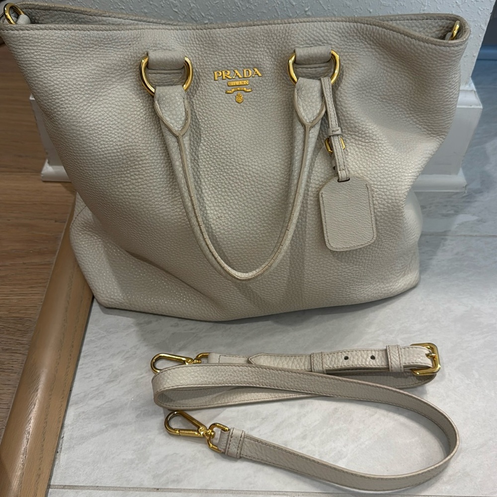 Prada Beige Leather Tote with Gold Accents, and long handle strap - Picture 13 of 16